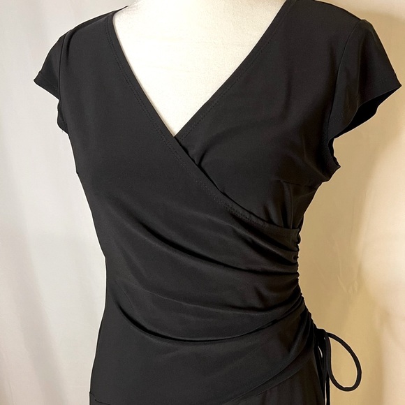 **SOLD** Black Faux Wrap Midi Dress with Flattering Ruched Waist Size 8 - Picture 2 of 9